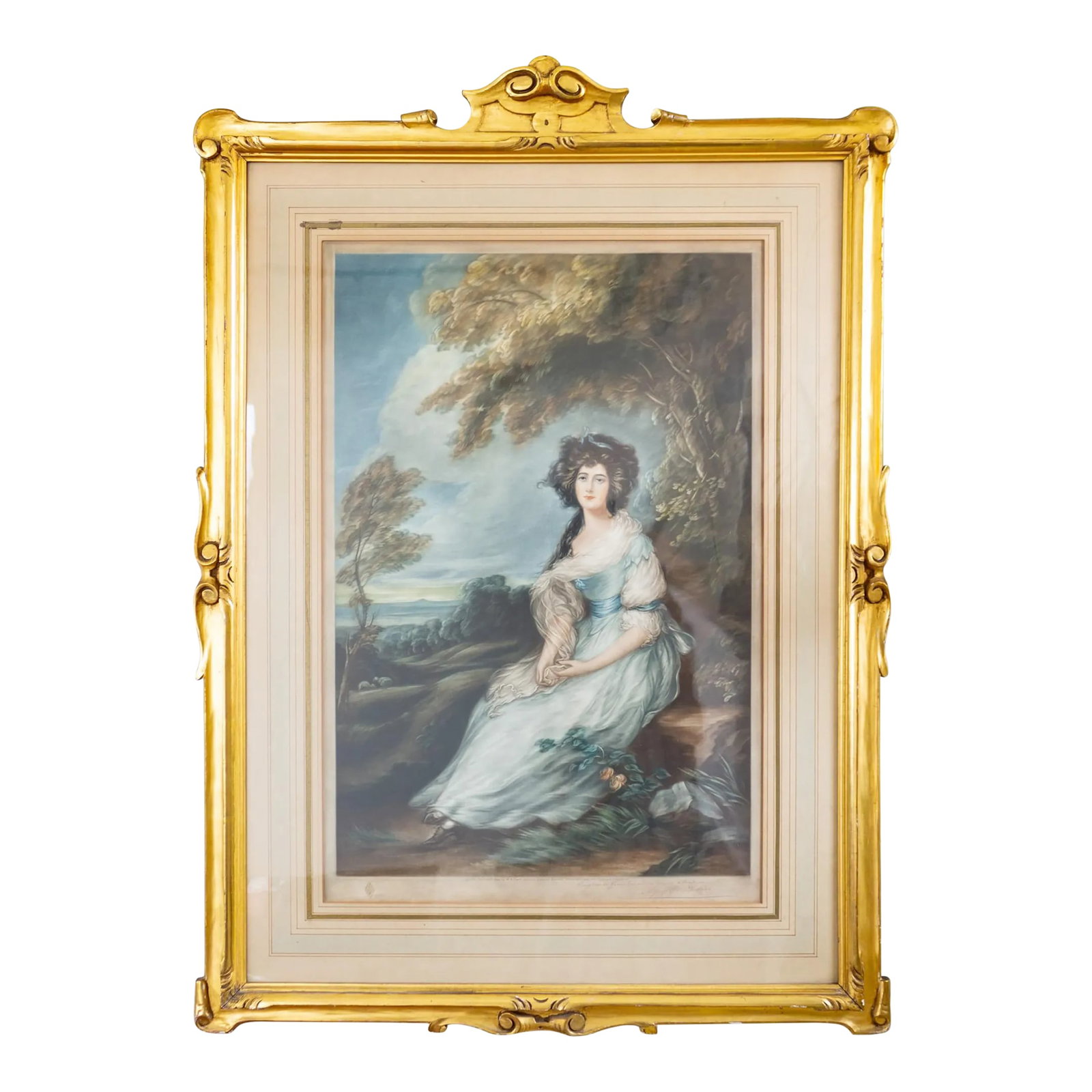 Giltwood Mezzotint of Thomas Gainsboroughs Mrs Richard Brinsley Sheridan: A color mezzotint engraving portrait of Thomas Gainsborough's 'Mrs. Richard Brinsley Sheridan' signed in pencil by the engraver Alfred J Skrimshire. It resides in its original Edwardian giltwood