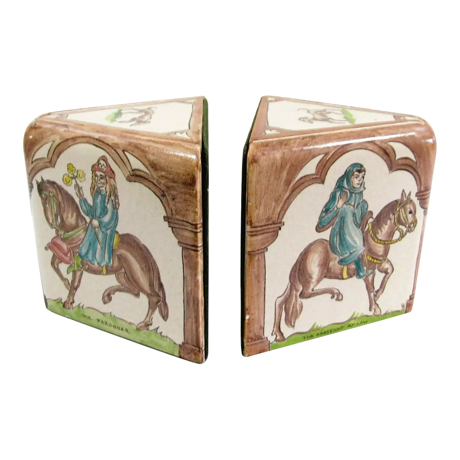 Pair of Packard and Ord Tiled Bookends Canterbury Tales Hand Painted Circa 1940's (1 of 12)