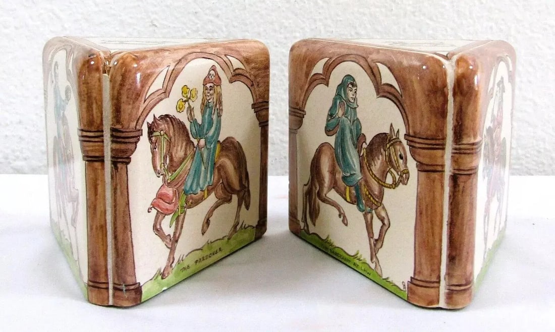 Pair of Packard and Ord Tiled Bookends Canterbury Tales Hand Painted Circa 1940's - 2