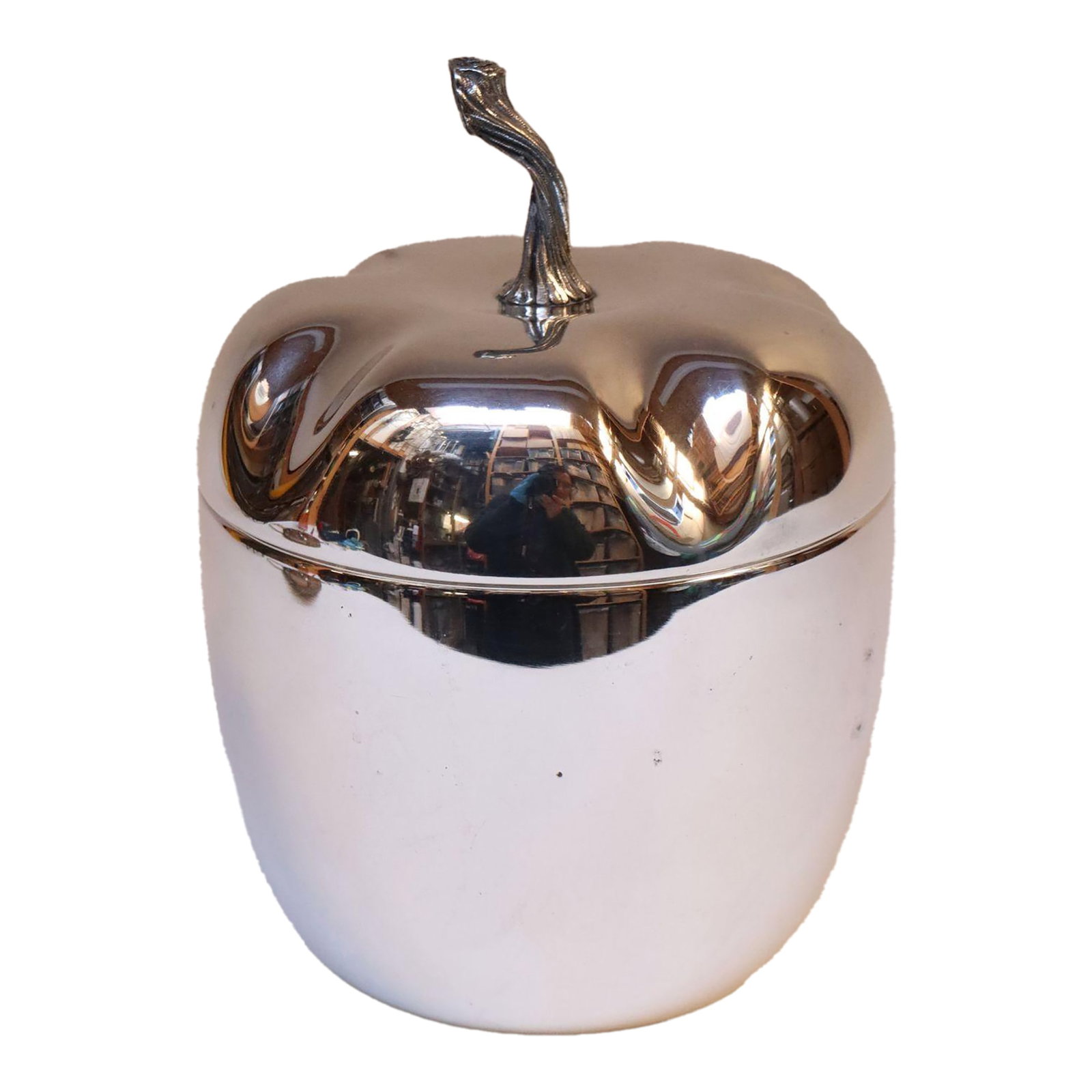 Vintage Italian Modern Silver-Plated "Pepper" Ice Bucket With Red Interior: Charming Mid-Century Italian Modern ice bucket resembling both a bell pepper and an acorn with silver plate exterior and red and white plastic interior. Features a heavily textured, sculptural stem