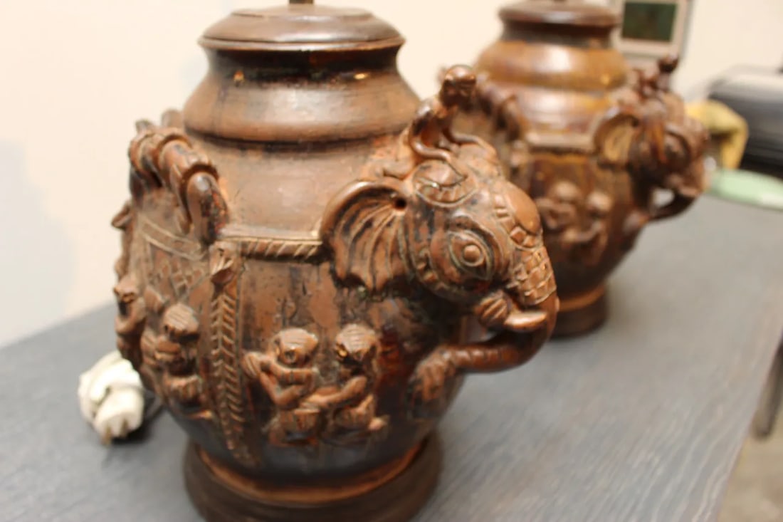Pair of Vintage East Indian Ceramic Vessel Lamps With Elephant & Rider Motif - Mahogany Bases - 10