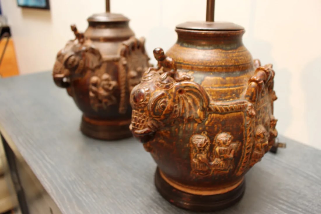 Pair of Vintage East Indian Ceramic Vessel Lamps With Elephant & Rider Motif - Mahogany Bases - 11