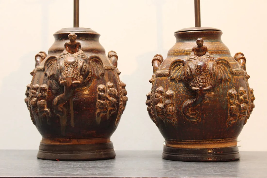 Pair of Vintage East Indian Ceramic Vessel Lamps With Elephant & Rider Motif - Mahogany Bases - 2