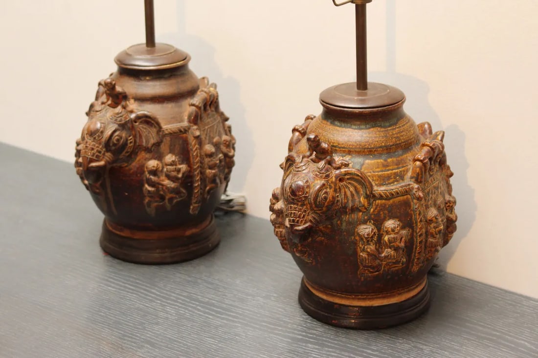 Pair of Vintage East Indian Ceramic Vessel Lamps With Elephant & Rider Motif - Mahogany Bases - 3