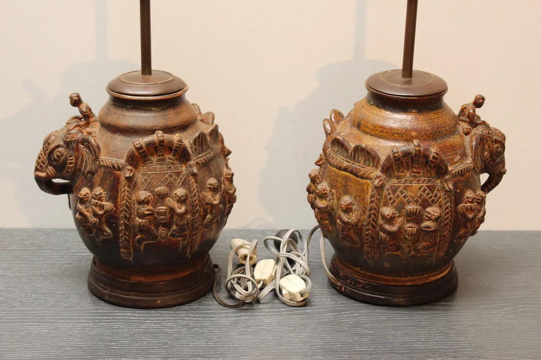 Pair of Vintage East Indian Ceramic Vessel Lamps With Elephant & Rider Motif - Mahogany Bases - 4