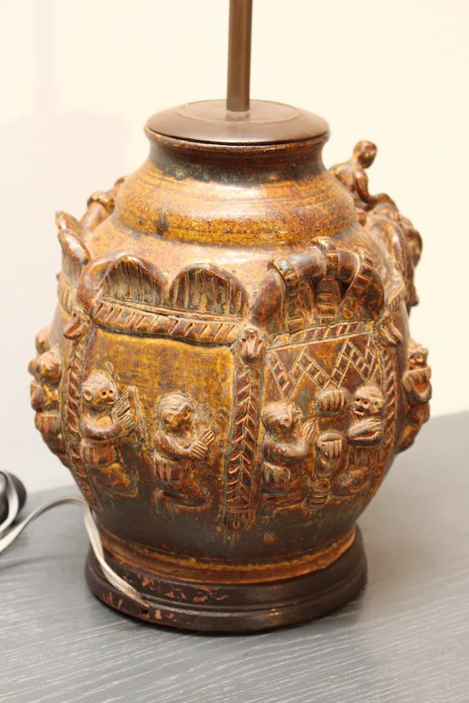 Pair of Vintage East Indian Ceramic Vessel Lamps With Elephant & Rider Motif - Mahogany Bases - 5