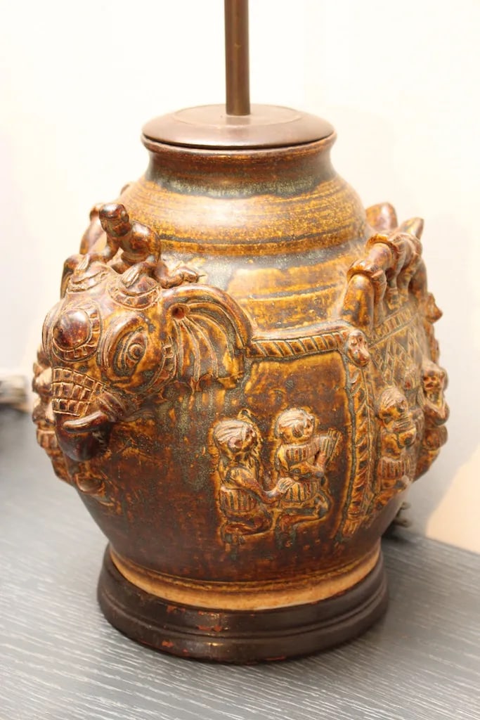 Pair of Vintage East Indian Ceramic Vessel Lamps With Elephant & Rider Motif - Mahogany Bases - 6