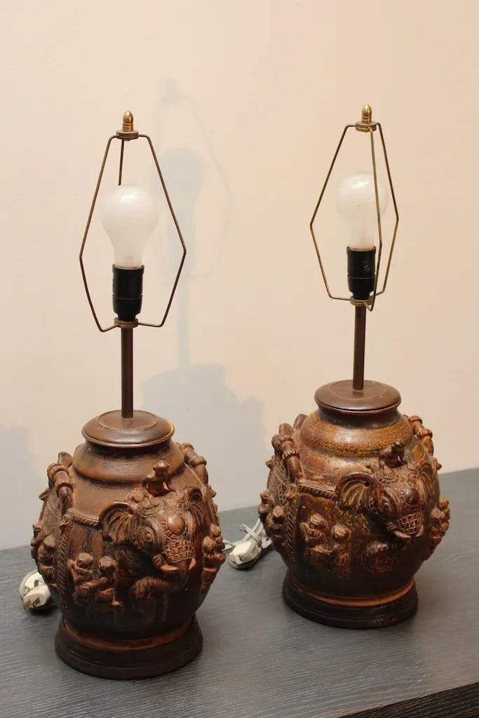 Pair of Vintage East Indian Ceramic Vessel Lamps With Elephant & Rider Motif - Mahogany Bases - 7