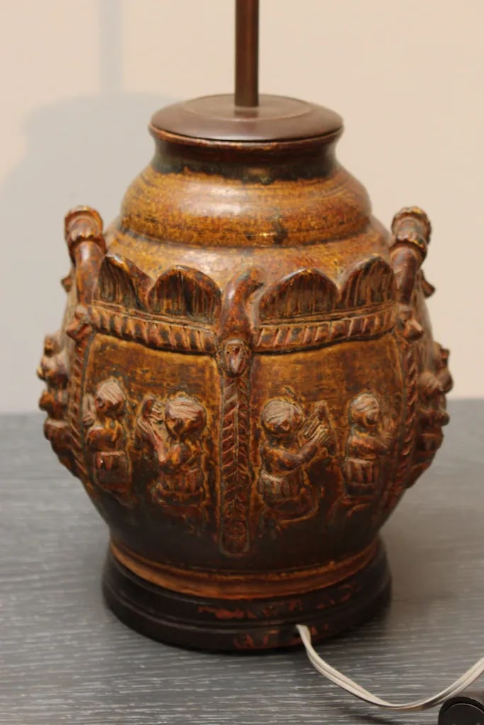 Pair of Vintage East Indian Ceramic Vessel Lamps With Elephant & Rider Motif - Mahogany Bases - 8