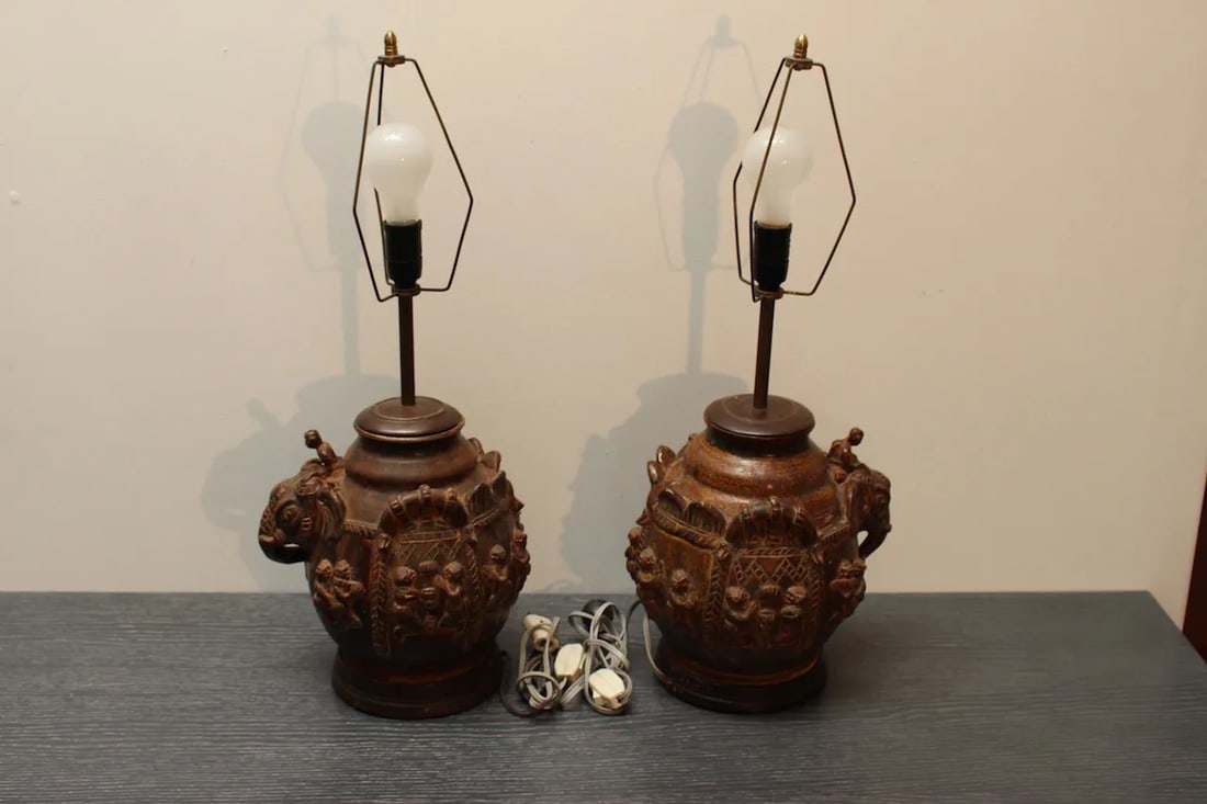 Pair of Vintage East Indian Ceramic Vessel Lamps With Elephant & Rider Motif - Mahogany Bases - 9