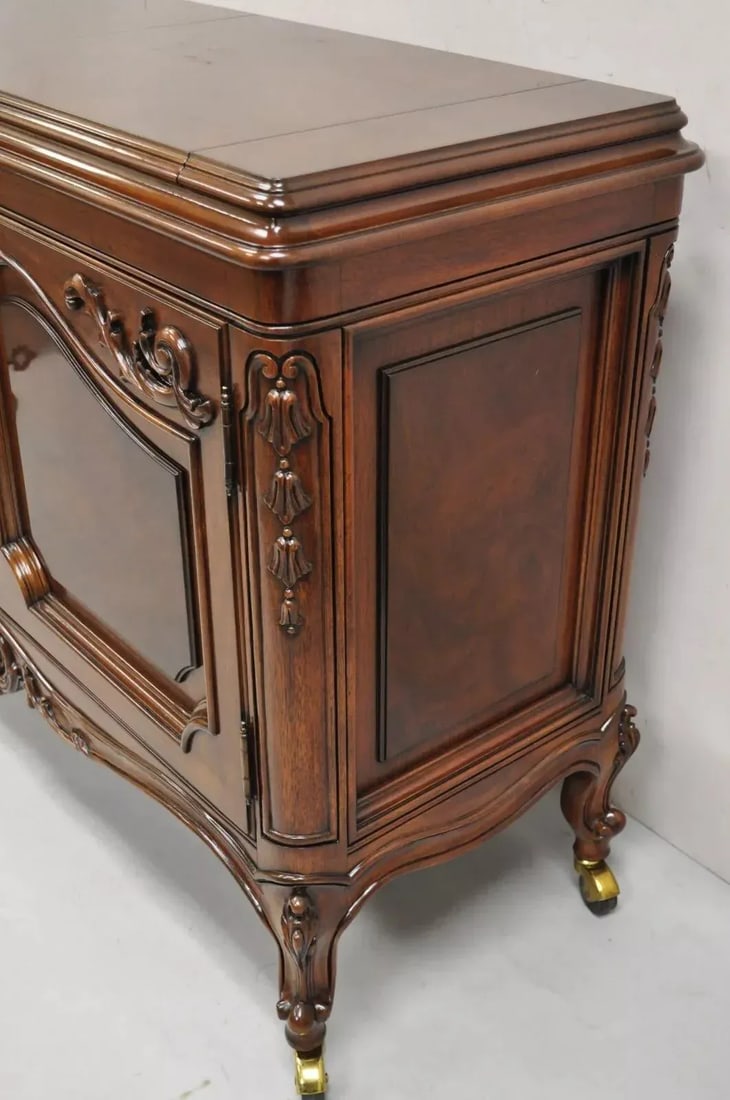 Karges French Louis XV Style Carved Mahogany Wood Dry Bar Rolling Buffet Cabinet - 11