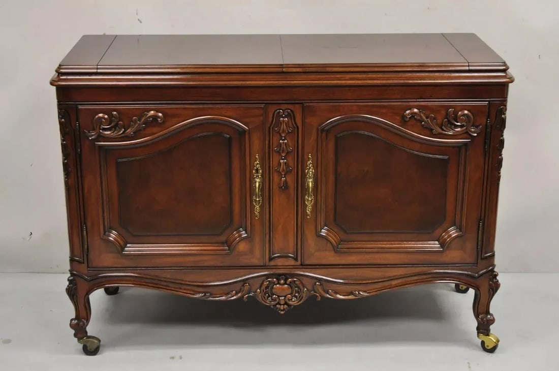 Karges French Louis XV Style Carved Mahogany Wood Dry Bar Rolling Buffet Cabinet - 12