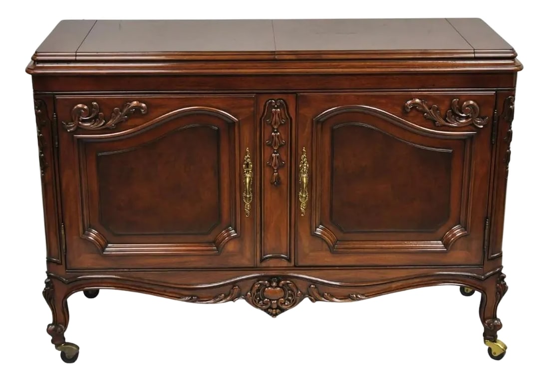 Karges French Louis XV Style Carved Mahogany Wood Dry Bar Rolling Buffet Cabinet (1 of 12)