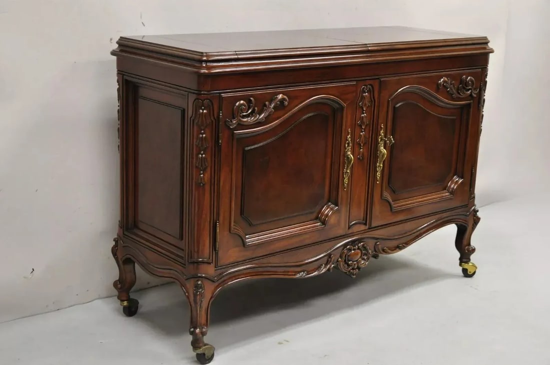 Karges French Louis XV Style Carved Mahogany Wood Dry Bar Rolling Buffet Cabinet - 2
