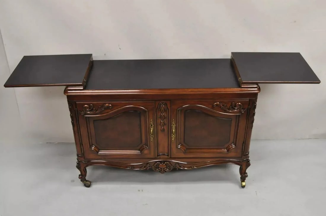 Karges French Louis XV Style Carved Mahogany Wood Dry Bar Rolling Buffet Cabinet - 3