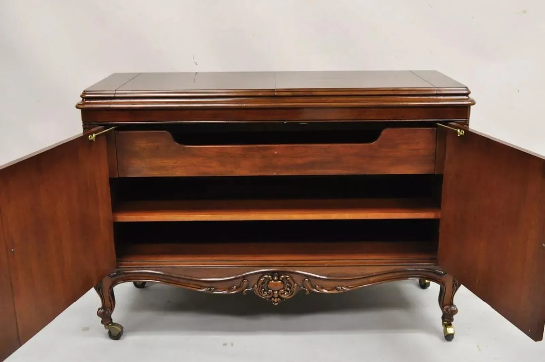 Karges French Louis XV Style Carved Mahogany Wood Dry Bar Rolling Buffet Cabinet - 4