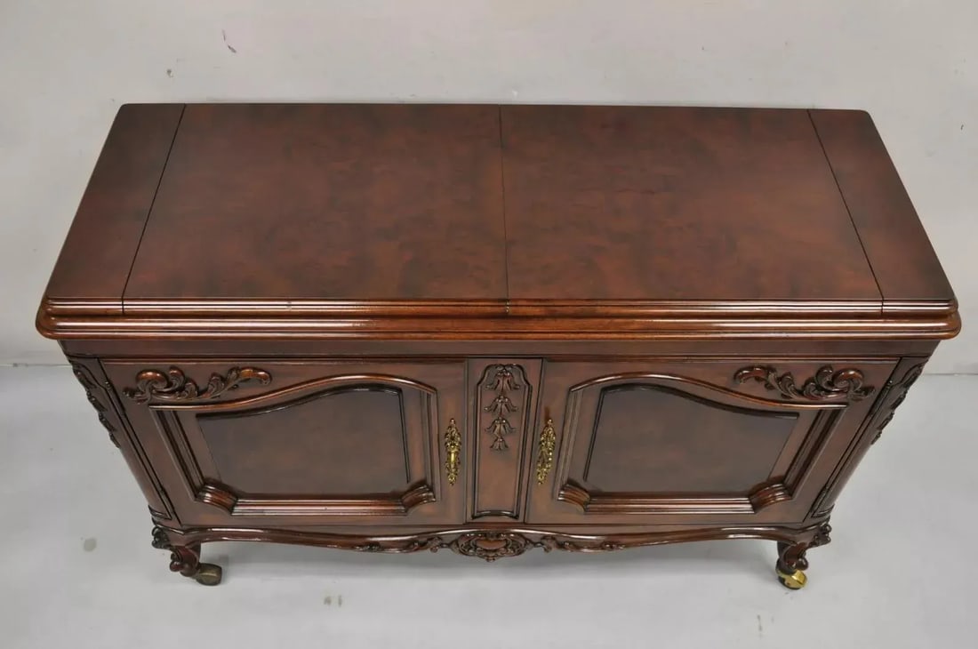 Karges French Louis XV Style Carved Mahogany Wood Dry Bar Rolling Buffet Cabinet - 6