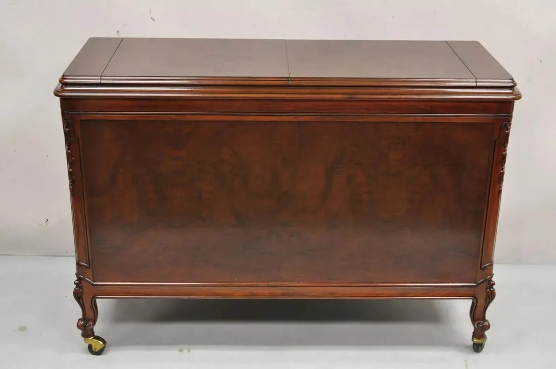 Karges French Louis XV Style Carved Mahogany Wood Dry Bar Rolling Buffet Cabinet - 9