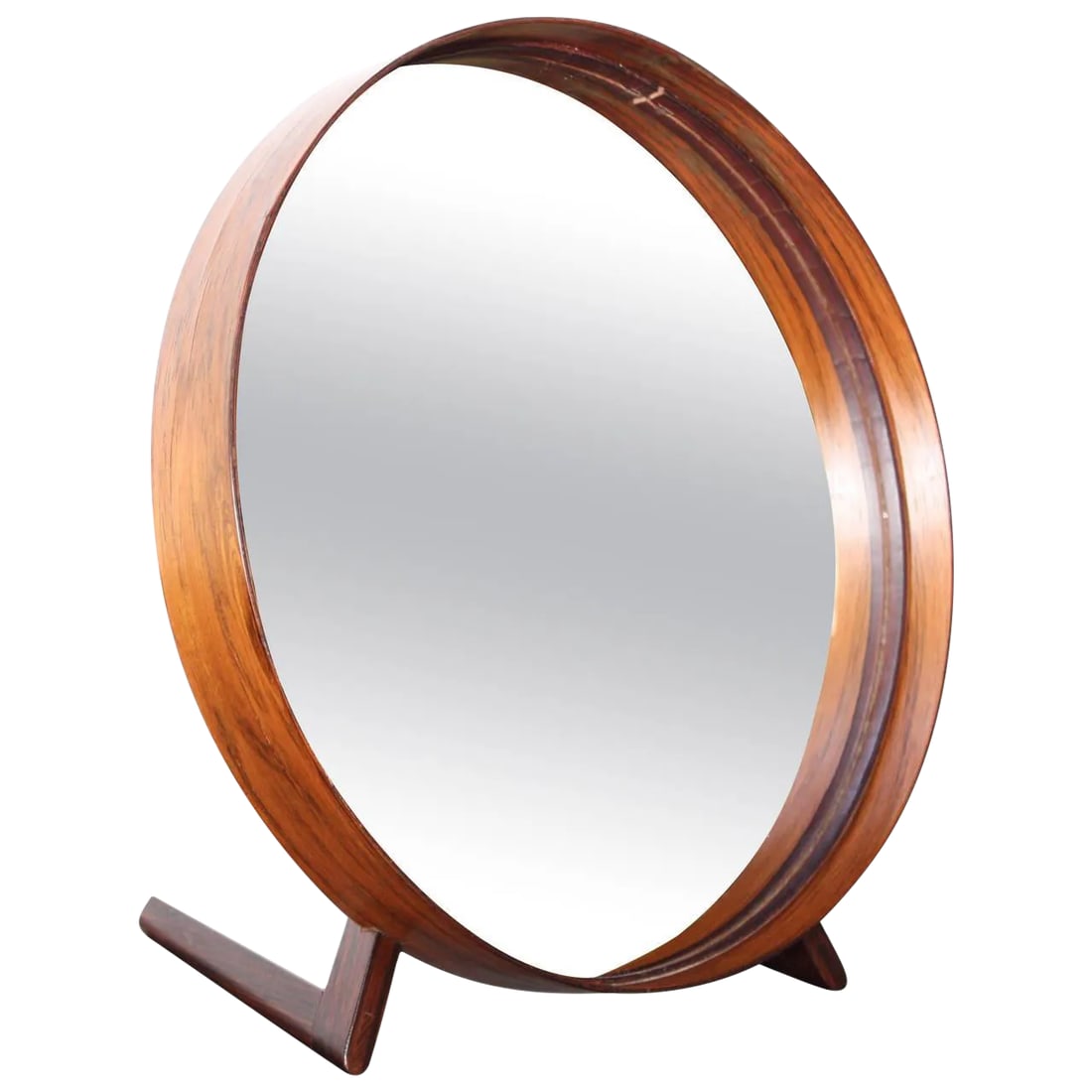 Swedish Rosewood Table Mirror by Uno and Osten Kristiansson for Luxus: This rare rosewood and leather table mirror was designed by Uno and Osten Kristiansson for Luxus. The elegant simplicity of the form is nicely contrasted with the texture and richness of the