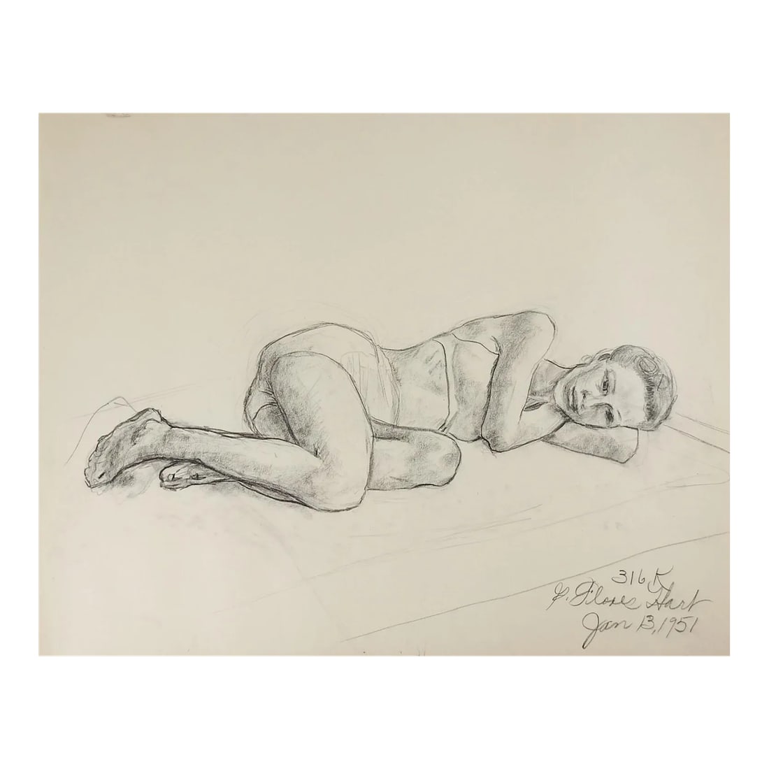 1951 Charcoal Portrait Drawing of Reclining Woman: Vintage 1951 charcoal on paper portrait drawing of reclining woman by Geneva Flores Hart (1906-2008) Texas. Signed and dated lower right corner. Unframed, age toning, edge wear, this old paper is