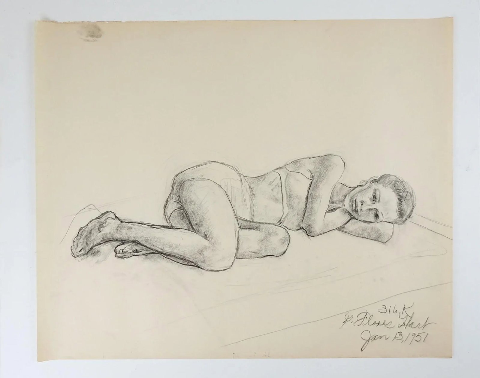 1951 Charcoal Portrait Drawing of Reclining Woman - 2