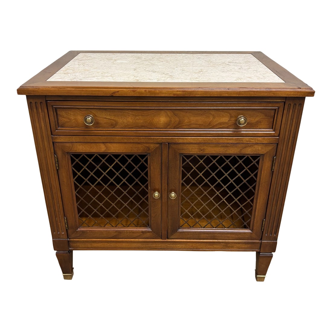 Vintage Kindel Belvedere Mid Century Cherry Regency Style Nightstand: This is a stunning vintage Mid Century cherry Regency style Belvedere nightstand by Kindel. Features marble top, gorgeous double metal lattice front doors, fluted sides, and brass feet. Solid, sturdy,