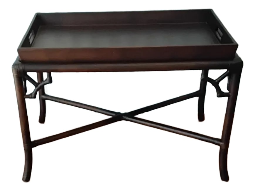 1980s Chinoiserie Bamboo Tray Table: When space is a issue, this coffee table fits the bill. The removable tray makes it easy for serving. It has woven bamboo top under the tray. The chinoiserie bamboo corner supports add a casual elegan