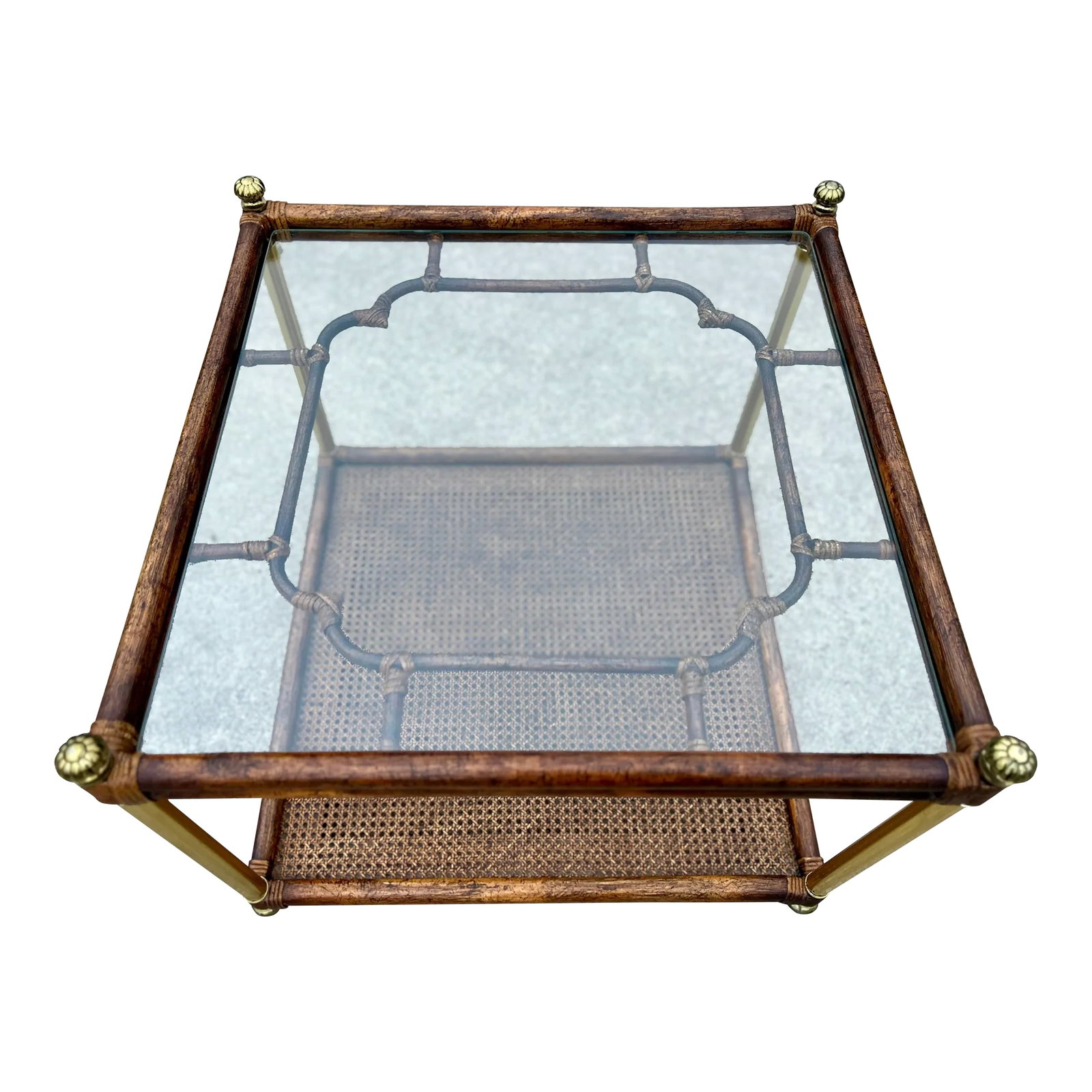 Hollywood Regency Faux Bamboo and Glass Side Table - Chinoiserie and Campaign Style: Elegant Hollywood Regency Faux Bamboo and Glass Side Table - Chinoiserie & Campaign Style Accent with Cane Shelf Add timeless sophistication to your interior with this Hollywood Regency faux bamboo an