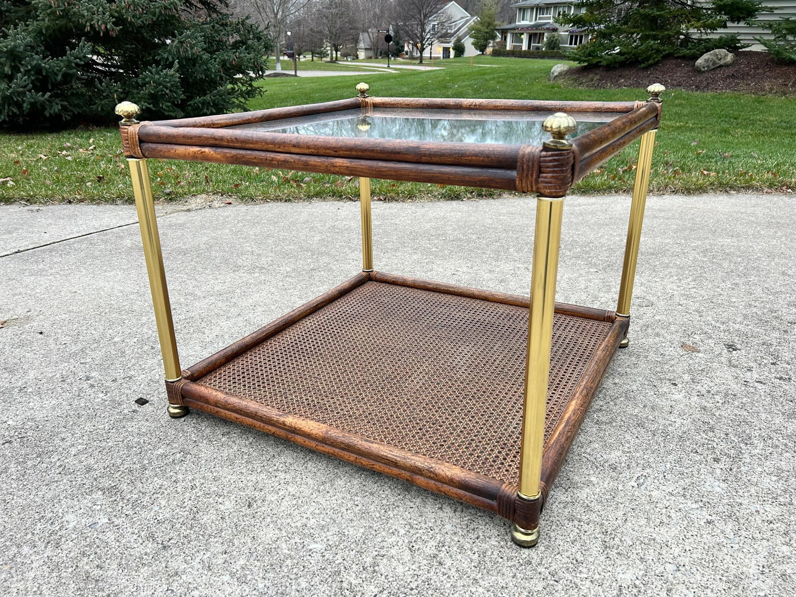 Hollywood Regency Faux Bamboo and Glass Side Table - Chinoiserie and Campaign Style - 4