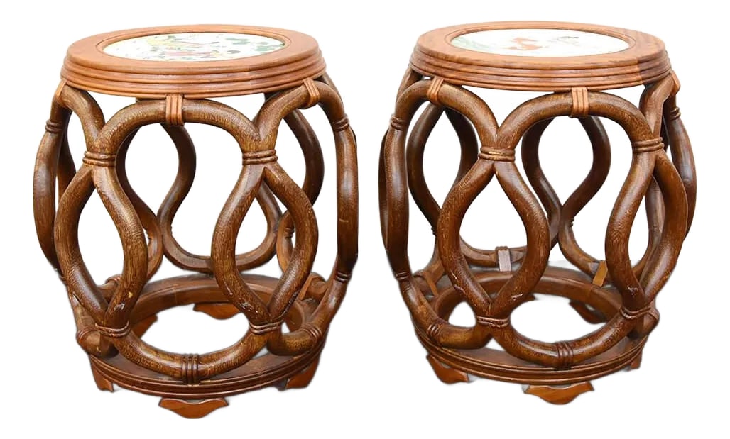 Late 20th Century Pair of Bentwood Drum Stools With Inset Porcelain Top (1 of 9)