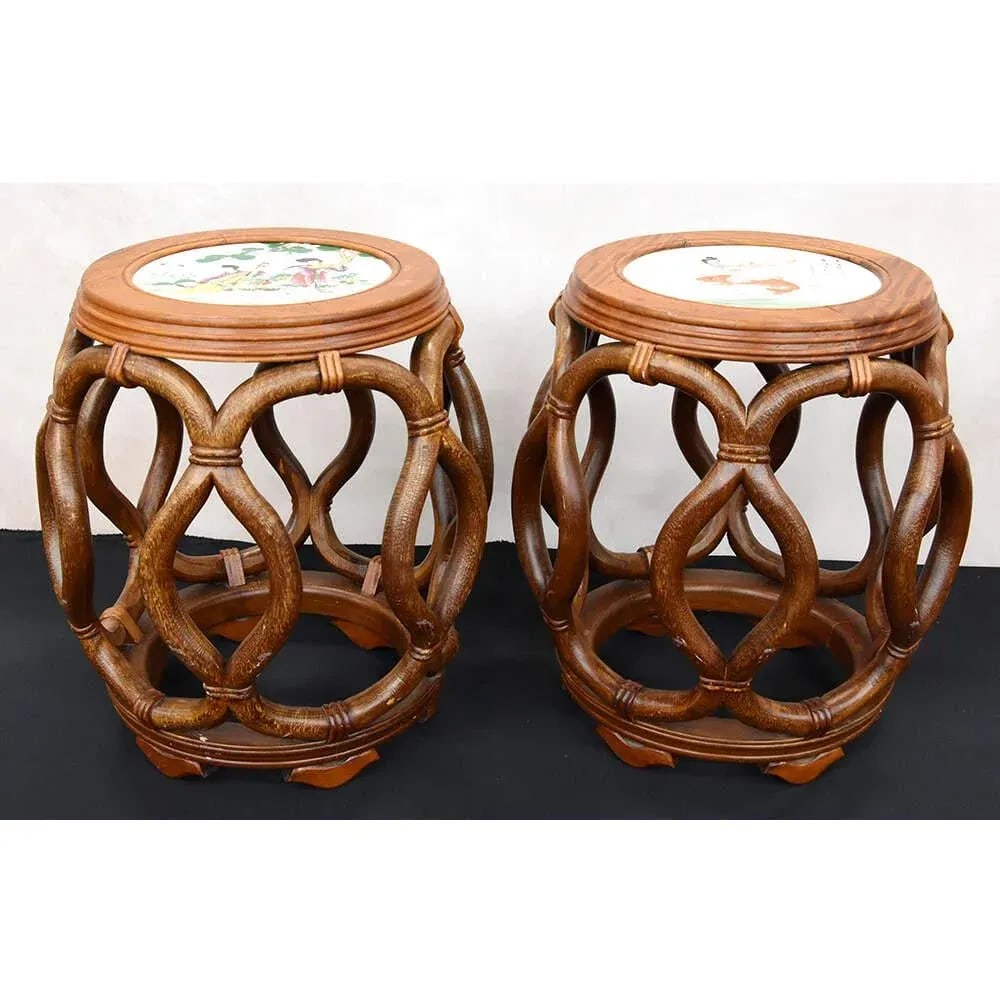 Late 20th Century Pair of Bentwood Drum Stools With Inset Porcelain Top - 2
