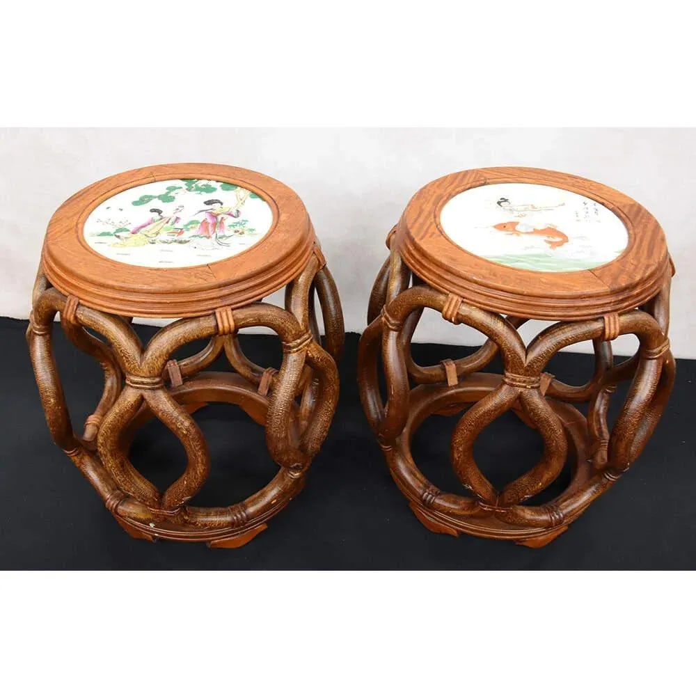 Late 20th Century Pair of Bentwood Drum Stools With Inset Porcelain Top - 3