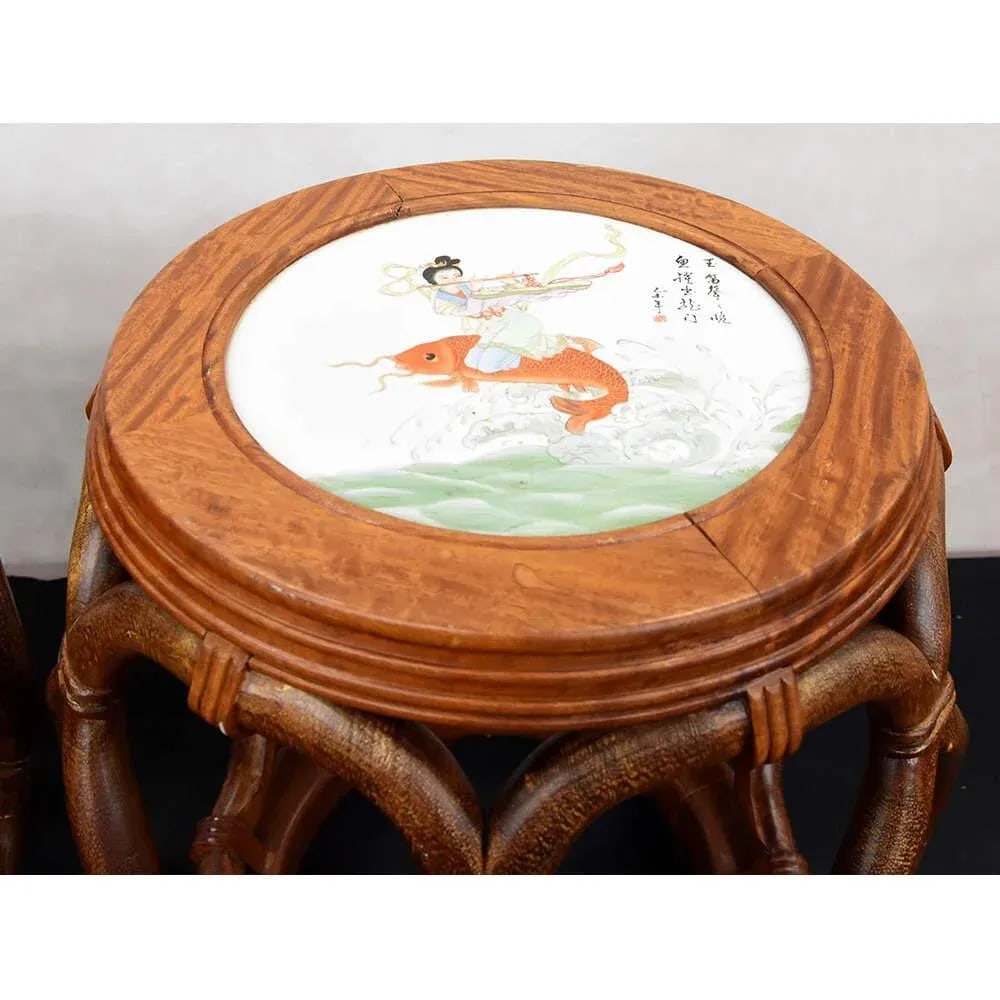 Late 20th Century Pair of Bentwood Drum Stools With Inset Porcelain Top - 4