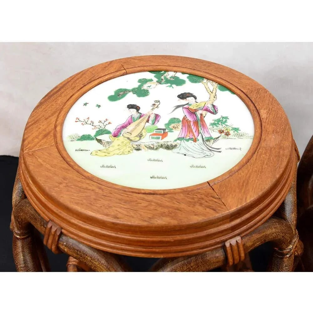Late 20th Century Pair of Bentwood Drum Stools With Inset Porcelain Top - 5