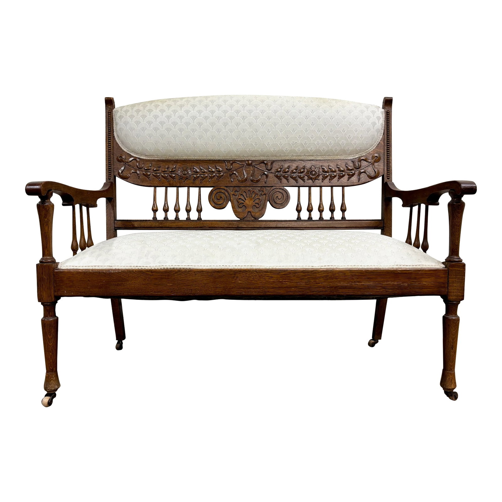 Antique Carved Spindle Back Carved Upholstered Settee (1 of 10)