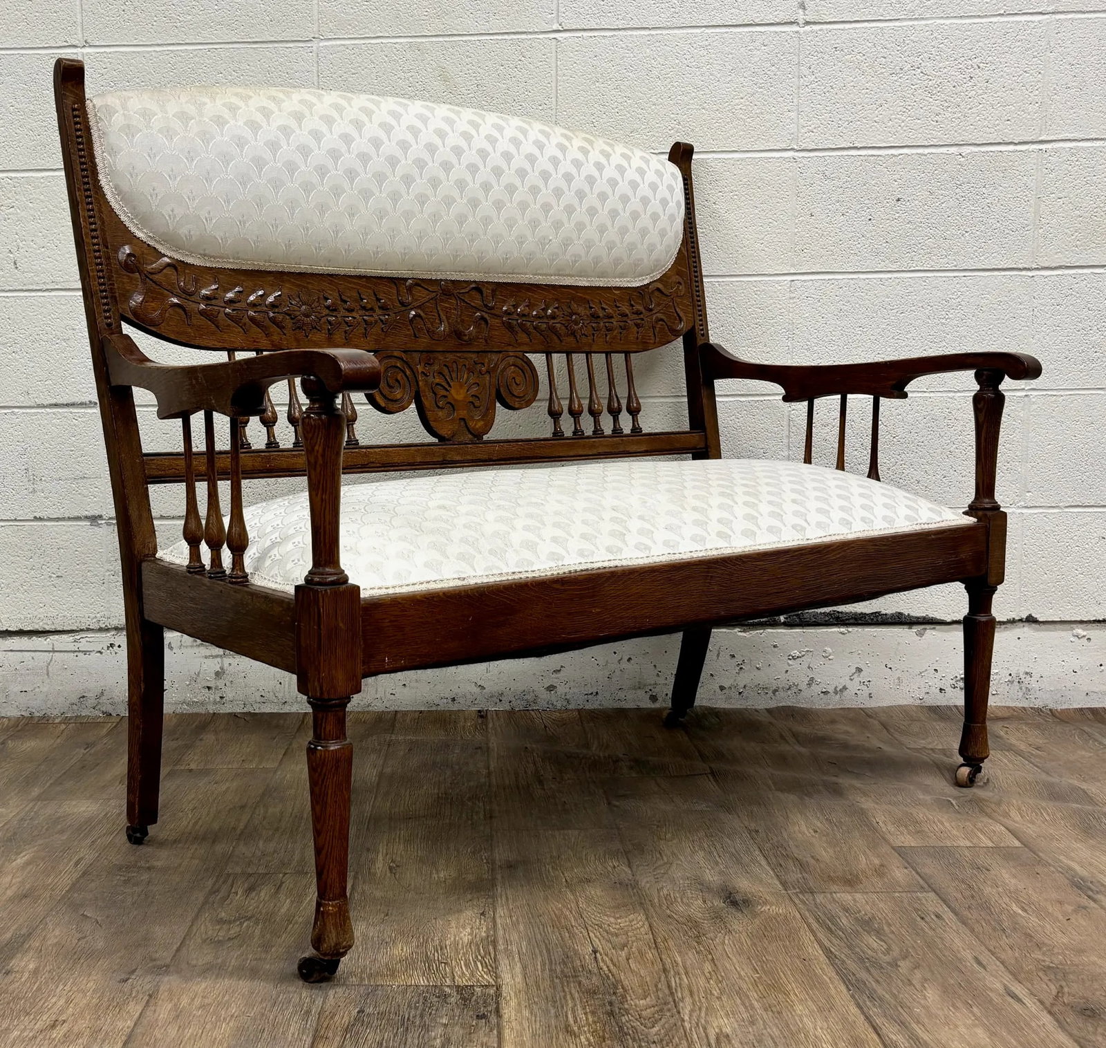 Antique Carved Spindle Back Carved Upholstered Settee - 2