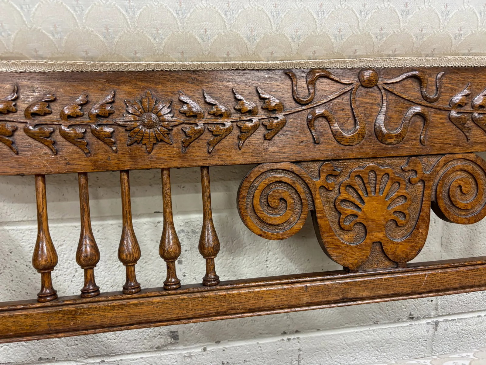 Antique Carved Spindle Back Carved Upholstered Settee - 3