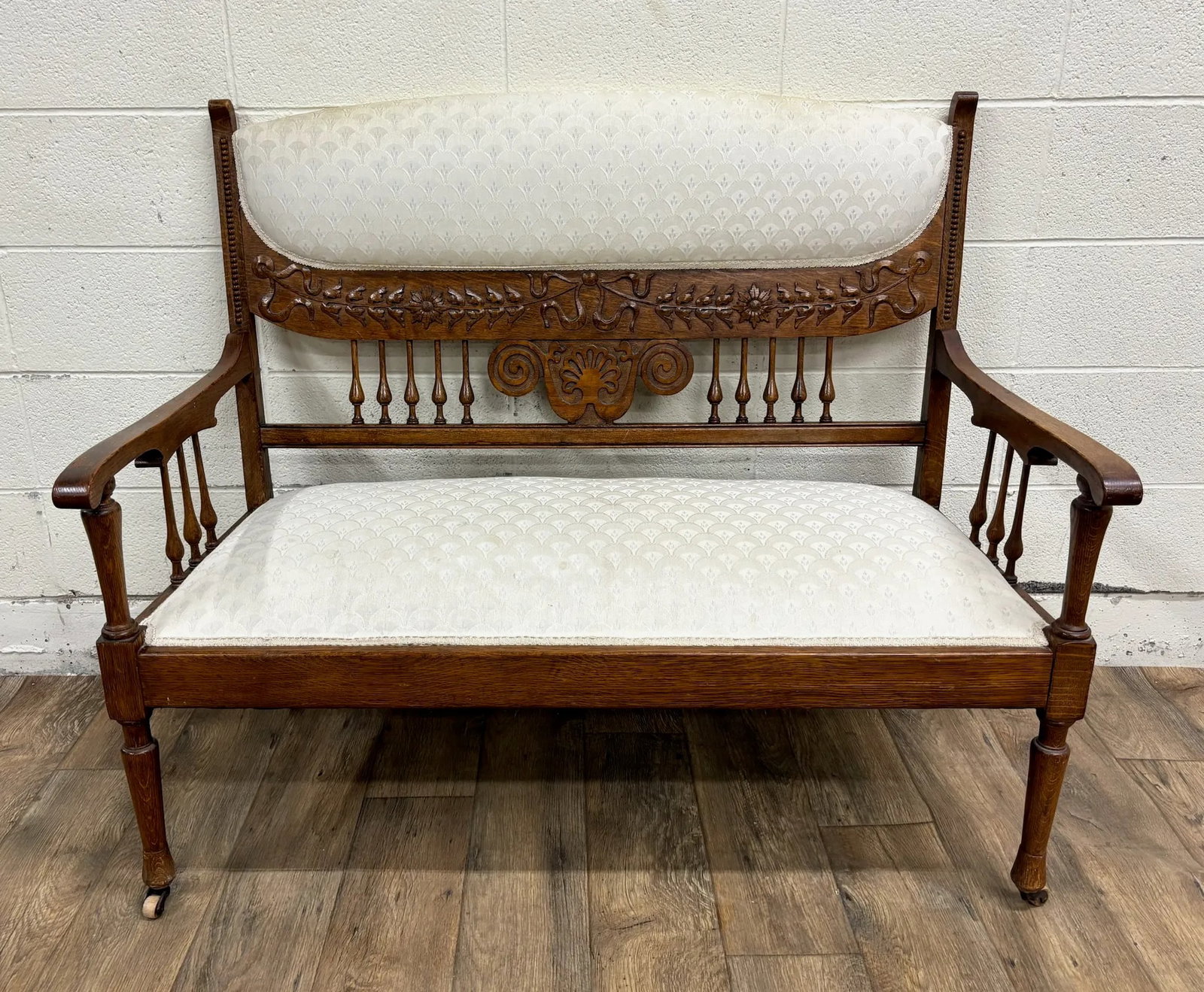 Antique Carved Spindle Back Carved Upholstered Settee - 4