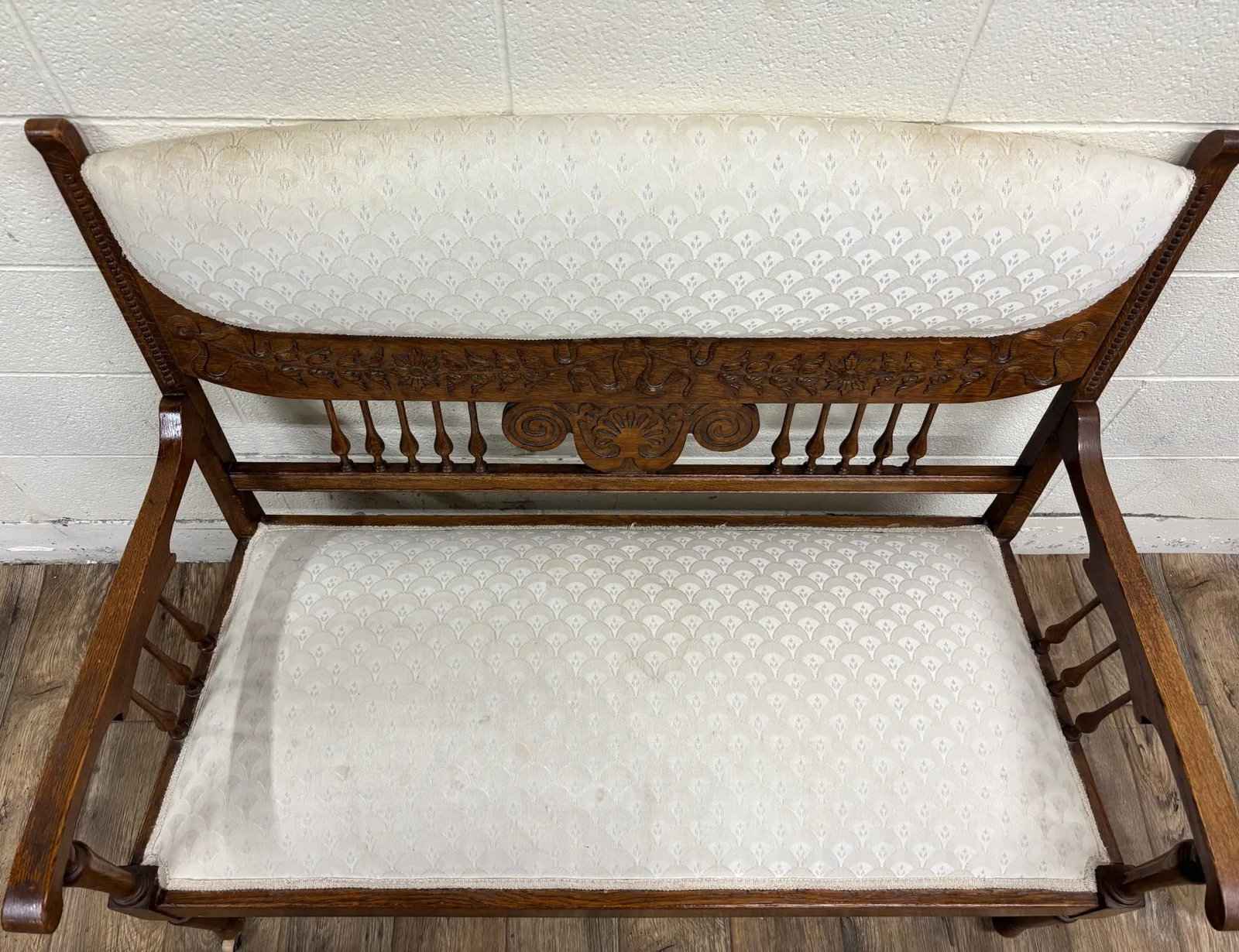 Antique Carved Spindle Back Carved Upholstered Settee - 5