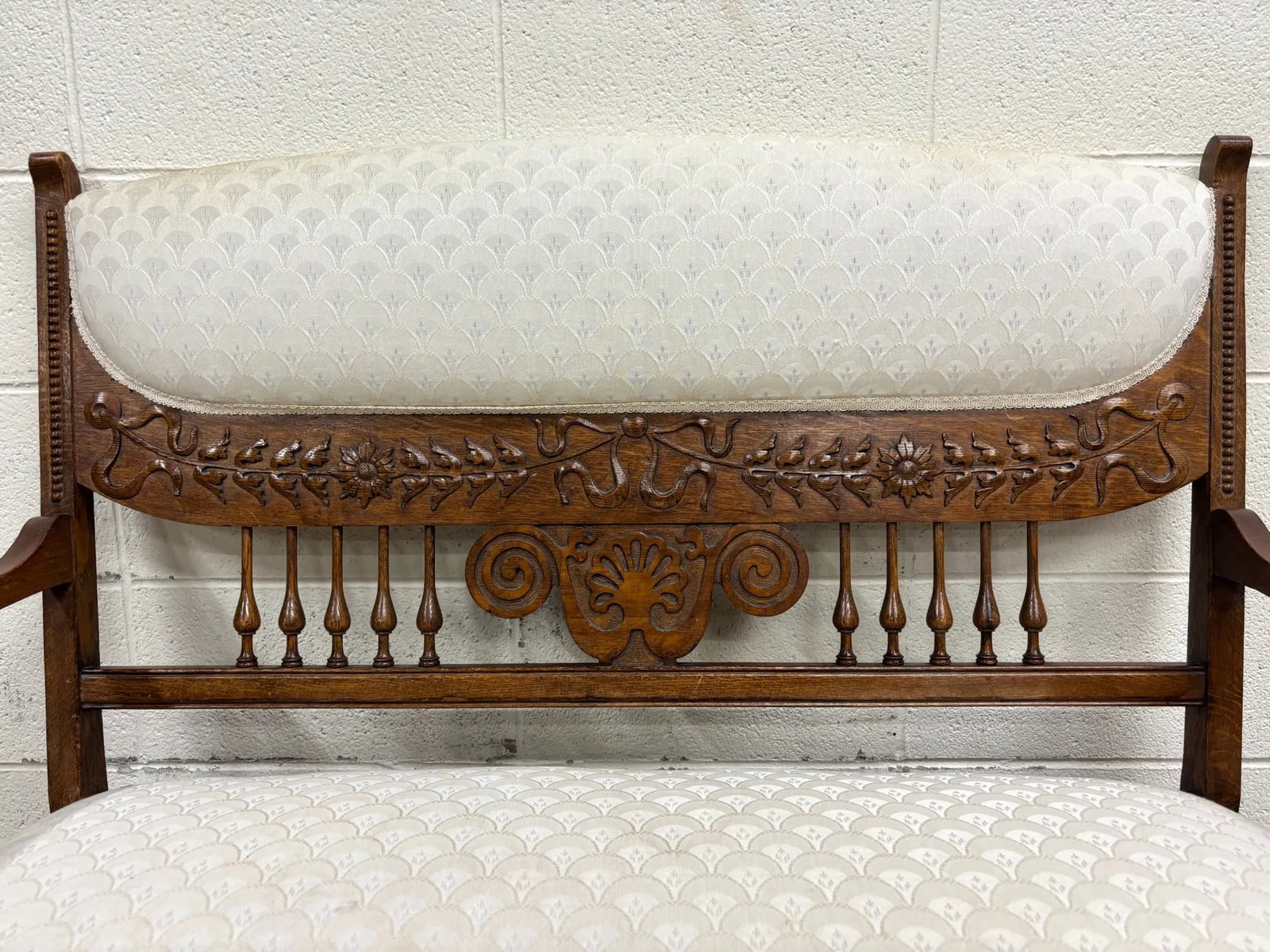 Antique Carved Spindle Back Carved Upholstered Settee - 6