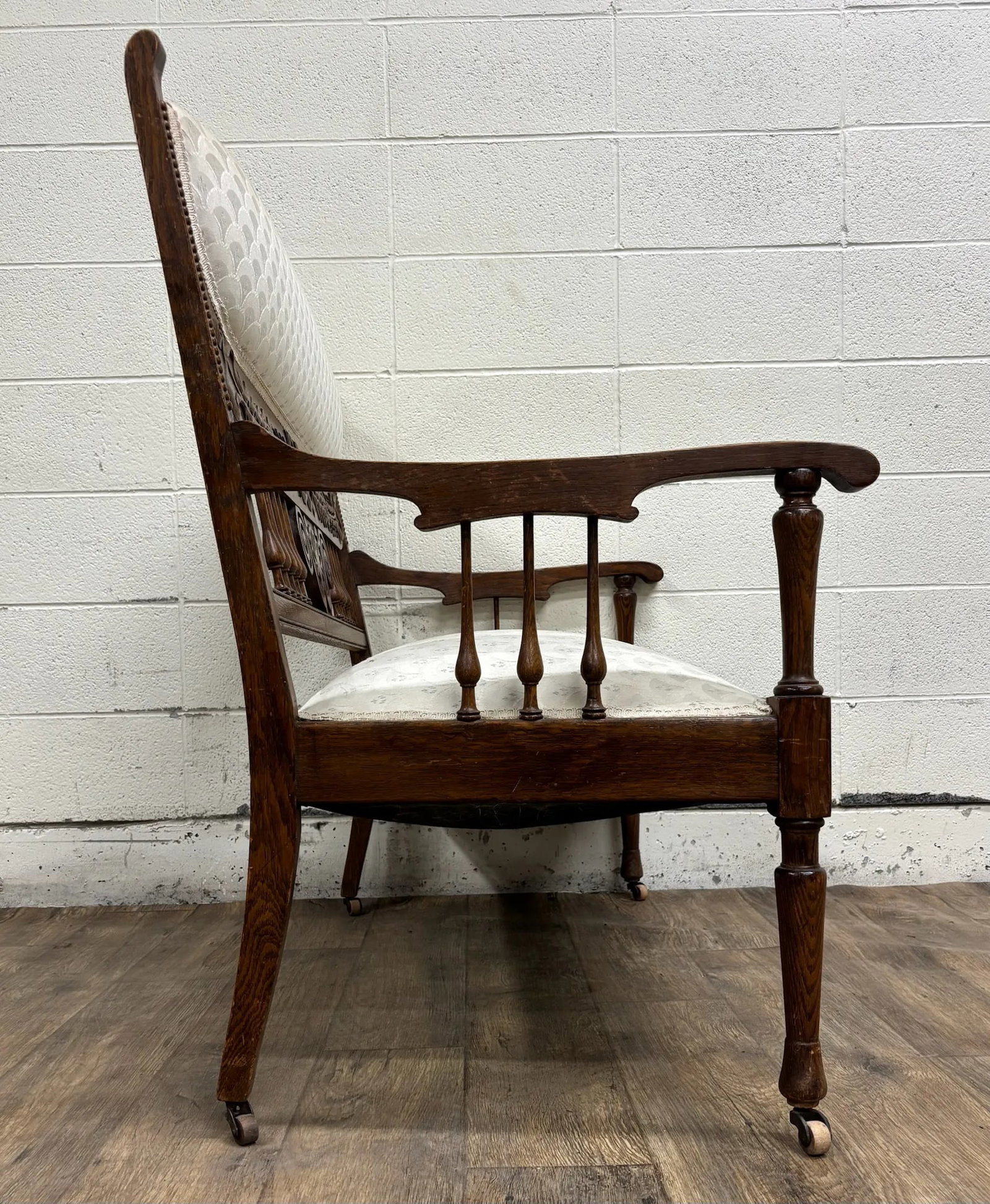 Antique Carved Spindle Back Carved Upholstered Settee - 8