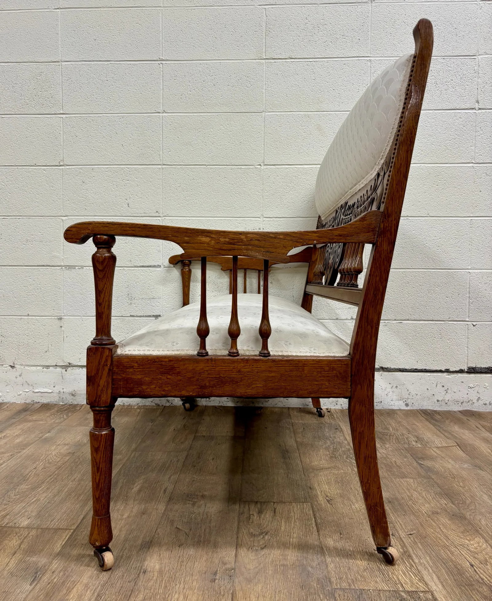 Antique Carved Spindle Back Carved Upholstered Settee - 9
