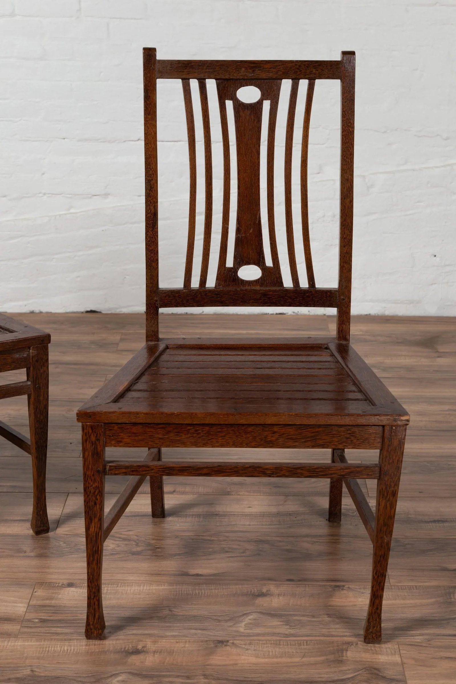 Midcentury Wooden Vintage Indonesian Side Chairs with Pierced Splats - A Pair - 3