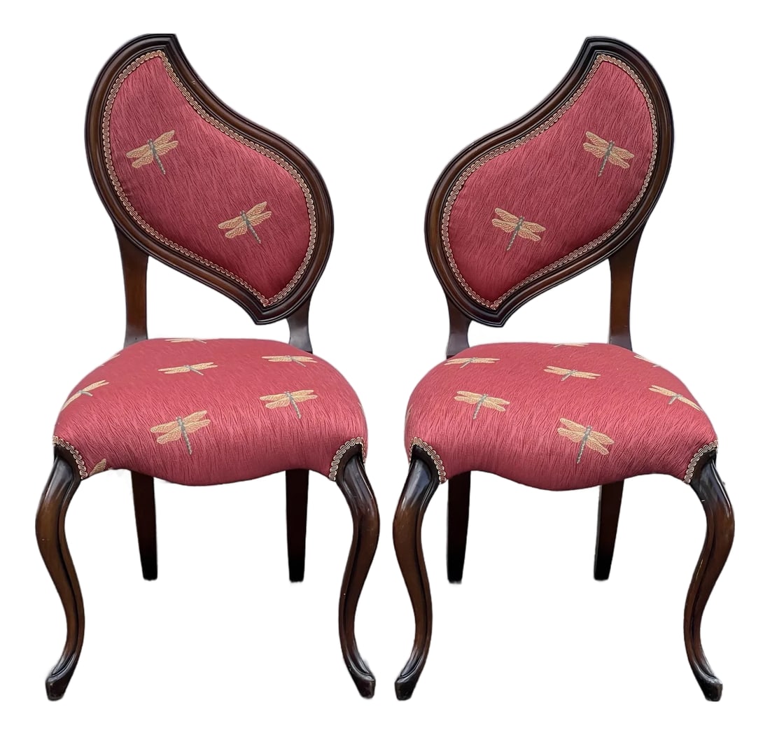 Pair of French Louis XV Style Balloon Back Chairs, Dragonfly Upholstery, Walnut Finish a Pair: Fabulous side chairs that have so many options for placement. The chairs have a unique French style and add a dramatic accent to any room. the color is a the skin of a pomegranate. The dragonflies