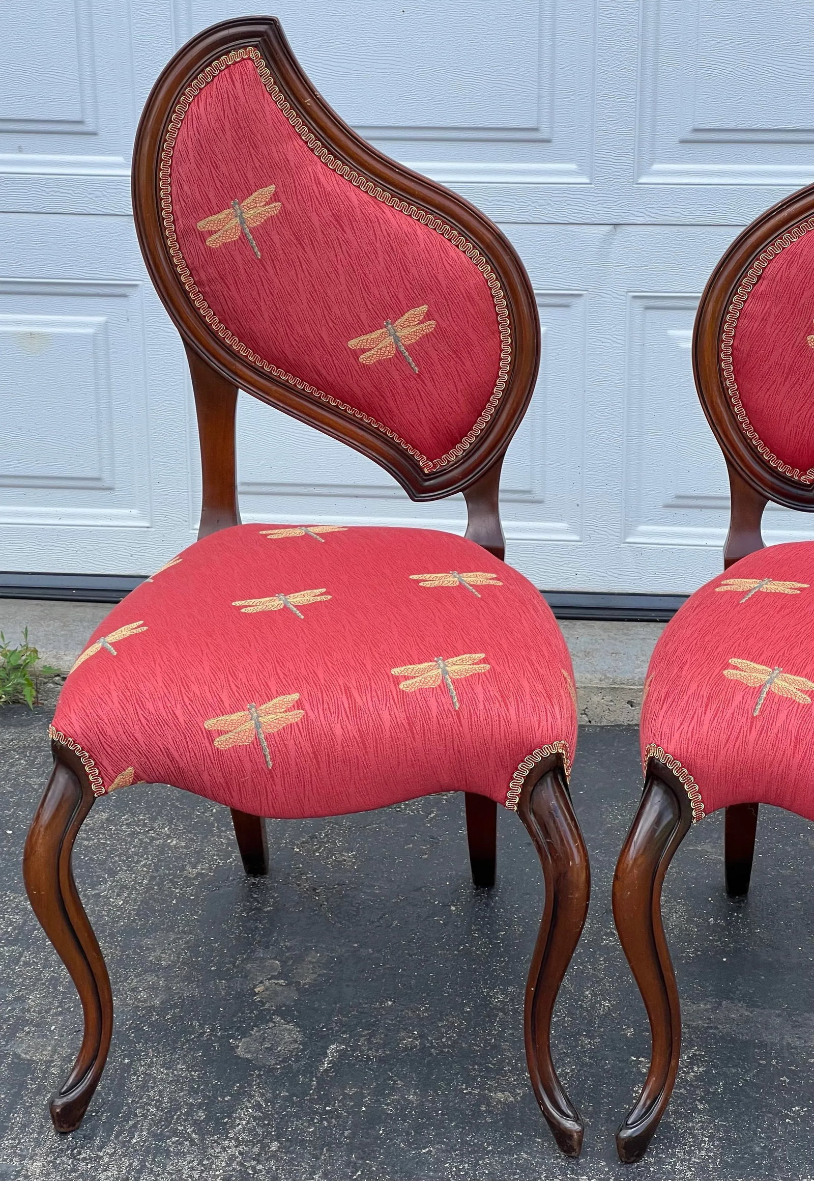 Pair of French Louis XV Style Balloon Back Chairs, Dragonfly Upholstery, Walnut Finish a Pair - 2