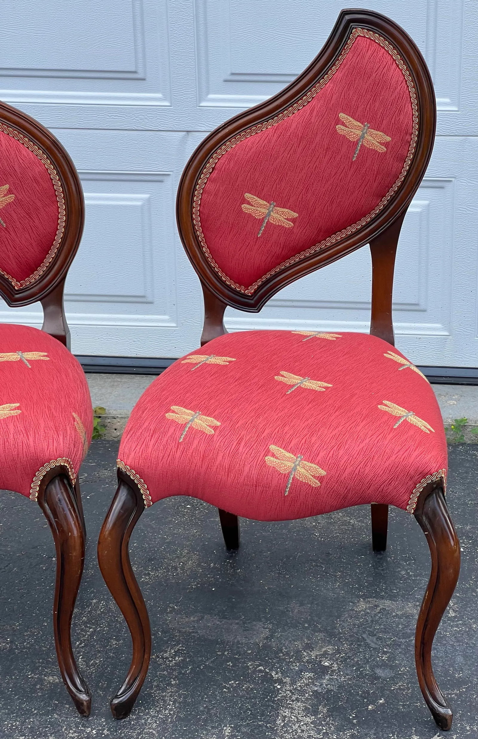 Pair of French Louis XV Style Balloon Back Chairs, Dragonfly Upholstery, Walnut Finish a Pair - 3