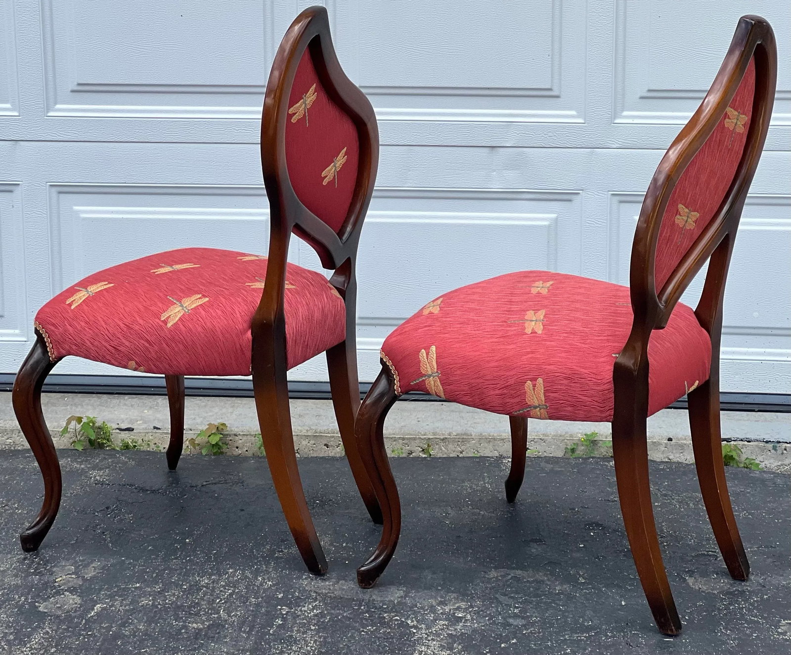 Pair of French Louis XV Style Balloon Back Chairs, Dragonfly Upholstery, Walnut Finish a Pair - 4