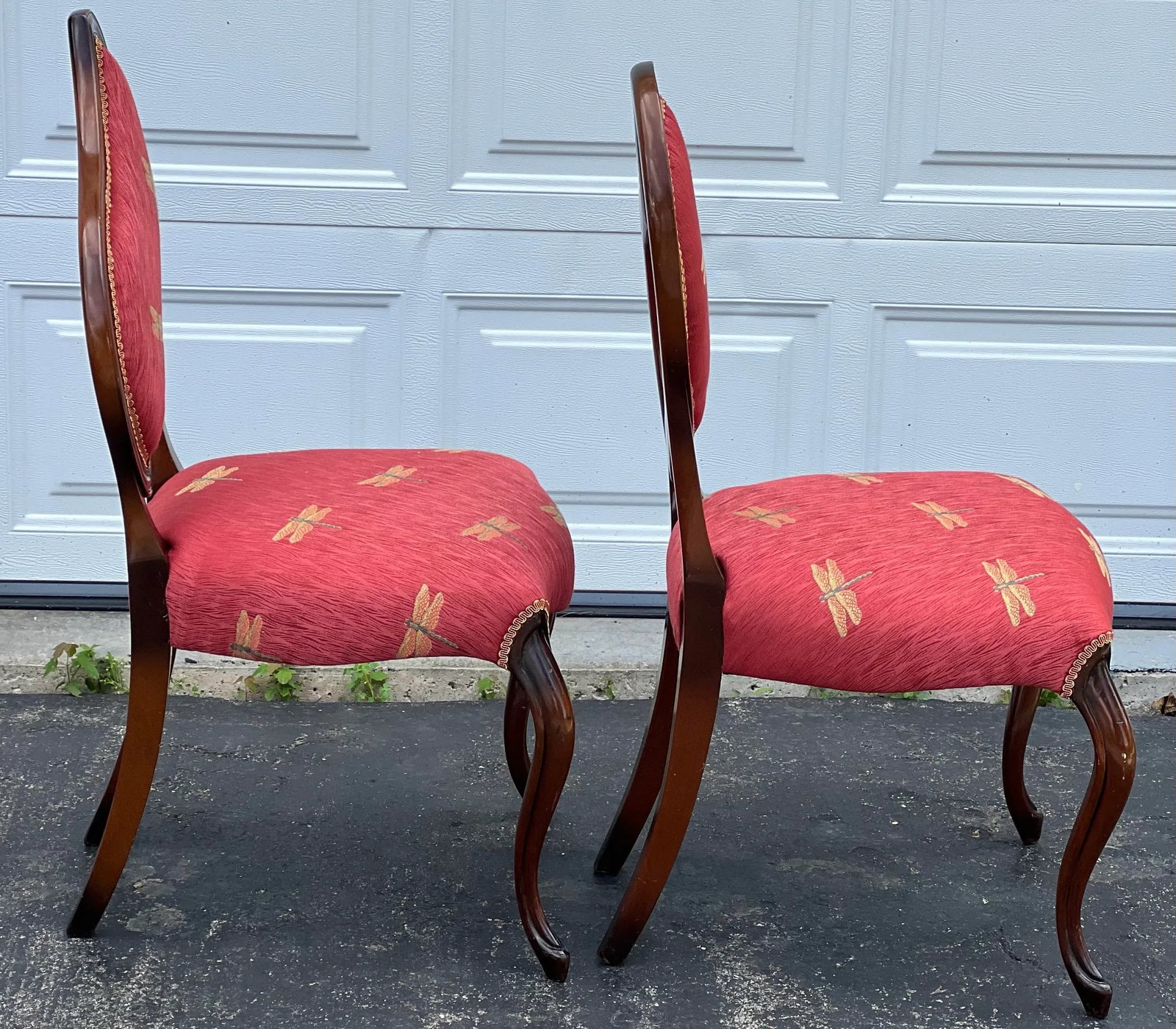 Pair of French Louis XV Style Balloon Back Chairs, Dragonfly Upholstery, Walnut Finish a Pair - 5
