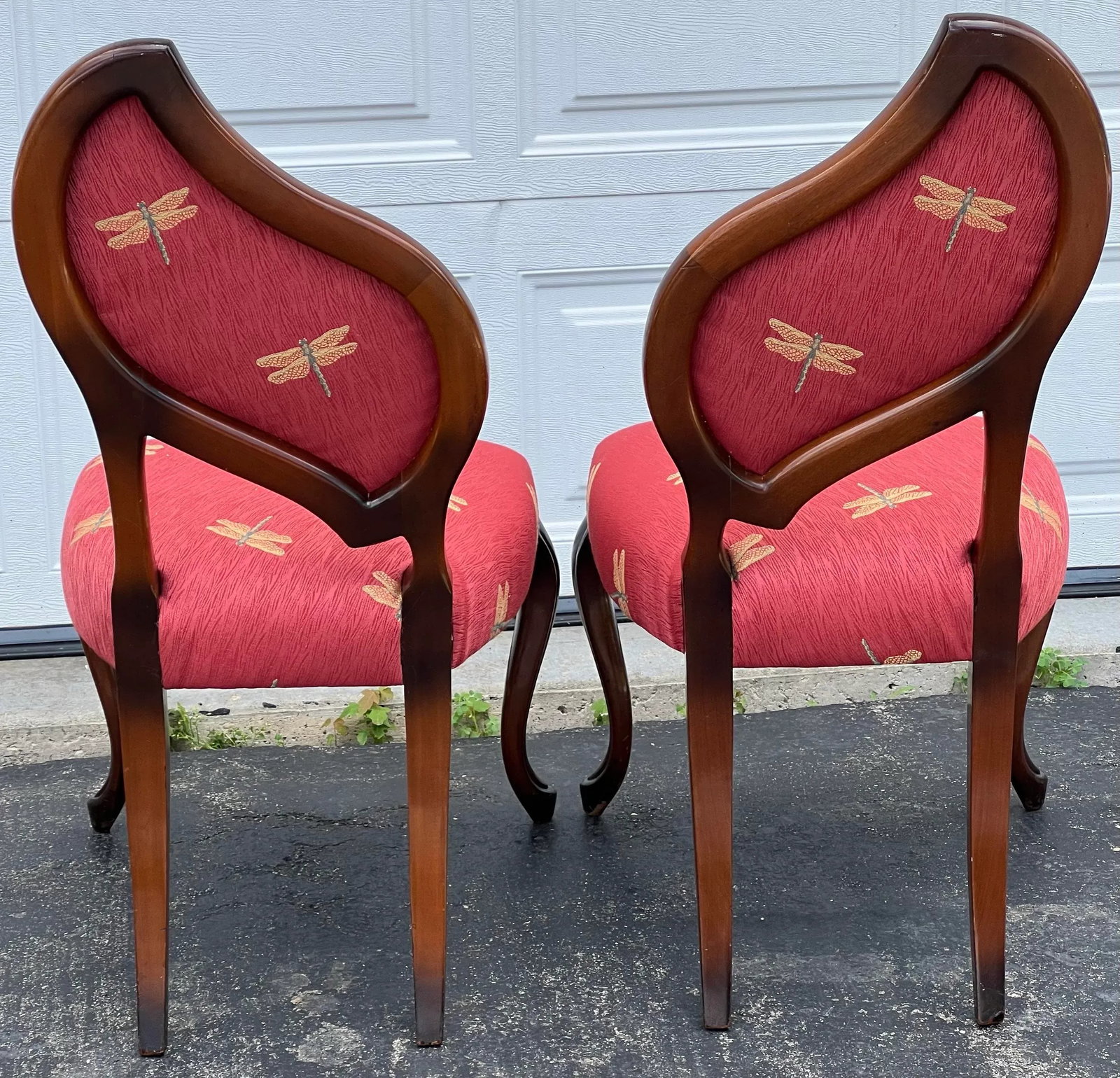 Pair of French Louis XV Style Balloon Back Chairs, Dragonfly Upholstery, Walnut Finish a Pair - 6