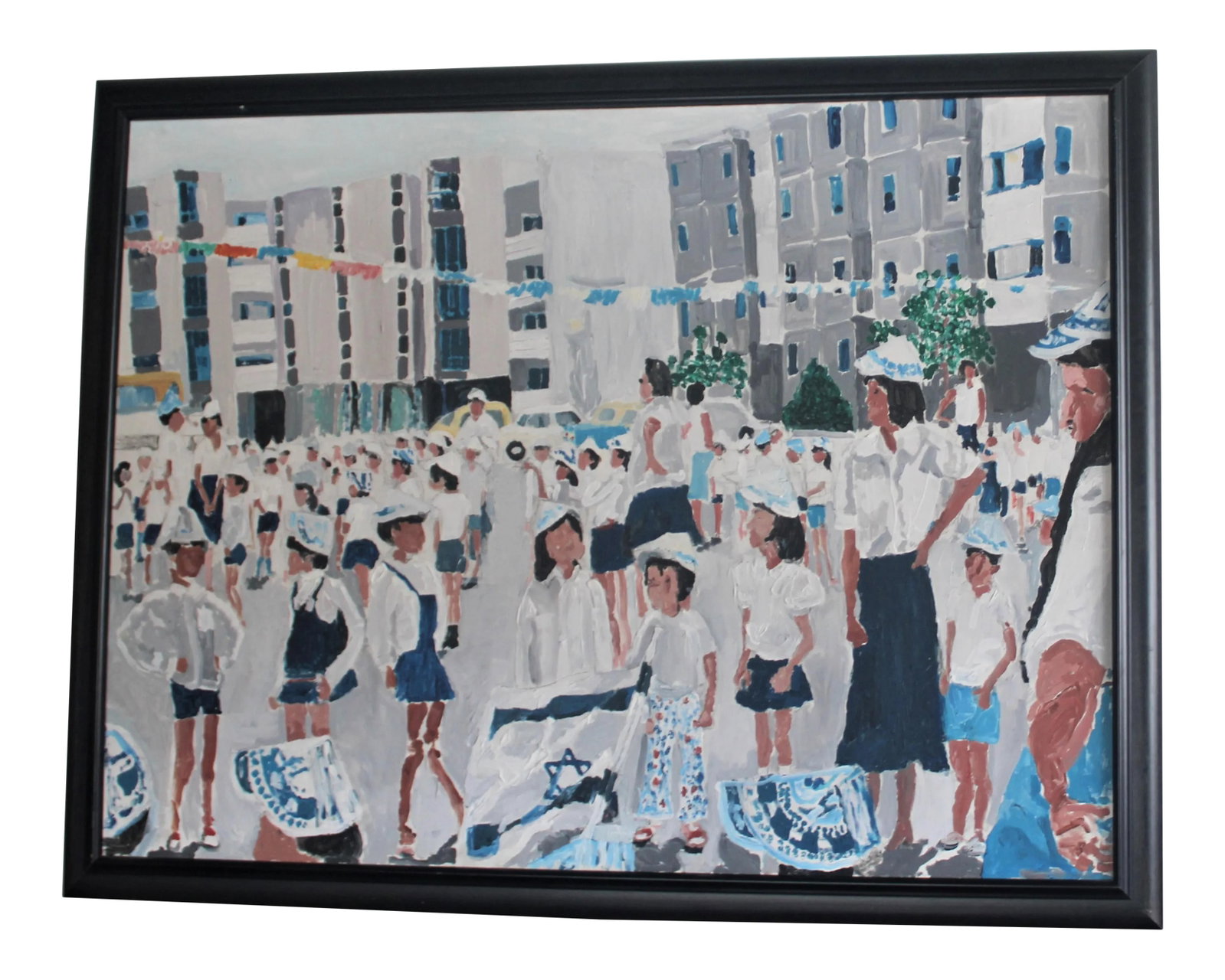 That's Me in the Middle Children and Israel's Independence Day, Acrylic on Canvas: CORRECTION TO SHIPPING TIME, THIS IS SELLER SHIPPING, ARRIVAL TIME IS 4-10 DAYS FROM PURCHASE DATE. Acrylic on canvas circa 1997, entitled "That's Me In the Middle. It is a depiction of the artist